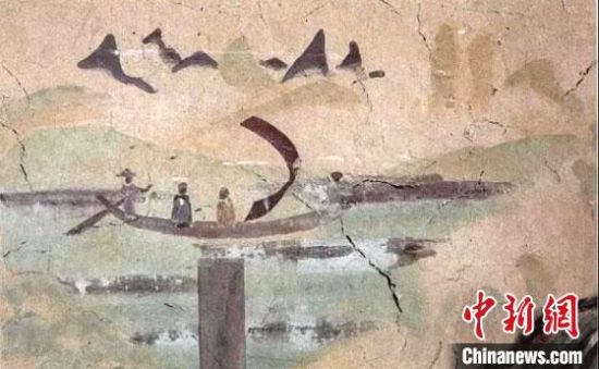 “一人搖櫓晃扁舟，兩人撐篙水上漂?！眻D為莫高窟第323窟《搖櫓帆船》（初唐）?！《鼗脱芯吭汗﹫D