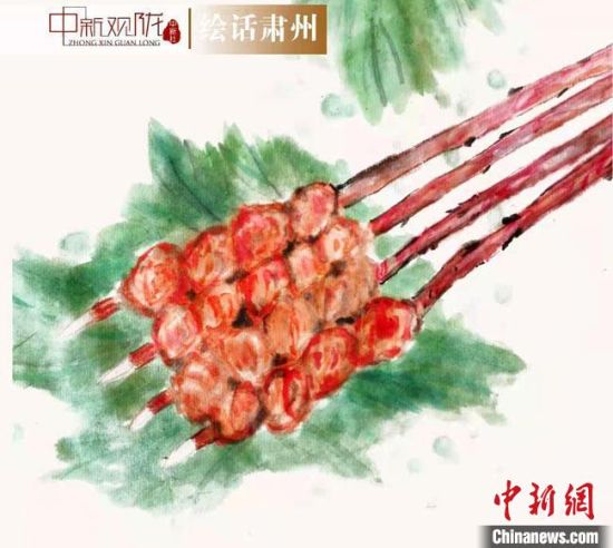 圖為酒泉美食“紅柳烤肉”繪畫作品。　杜興彥 攝