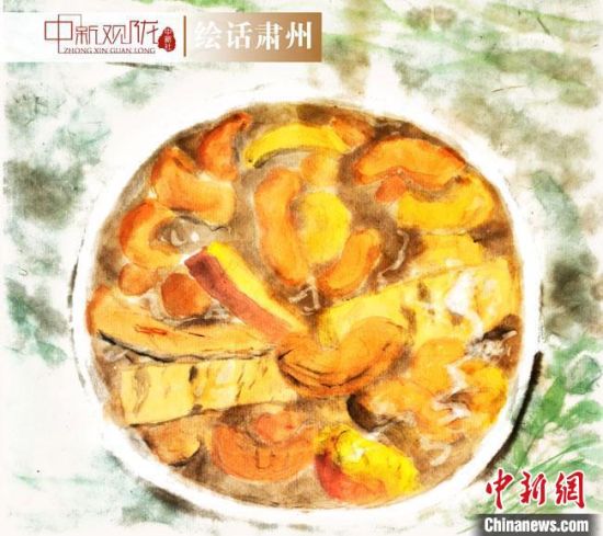 圖為酒泉美食“糊鍋”繪畫作品?！《排d彥 攝