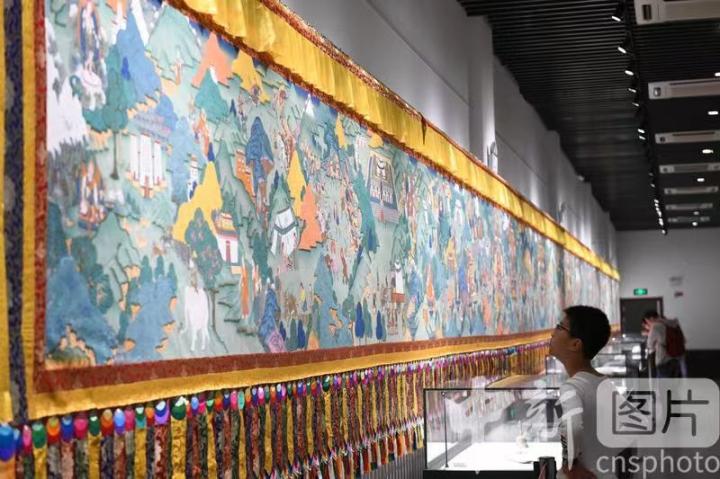 圖為一名小朋友觀看唐卡《涼州會(huì)盟》。 中新社記者 戴文昌 攝