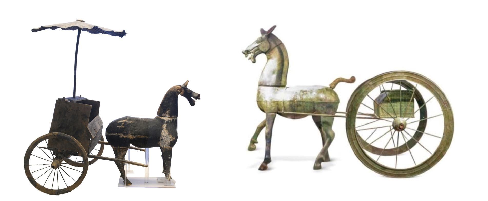 △左為漢代木軺車，藏于青海省博物館；右為東漢銅車馬，藏于黔西南州博物館。